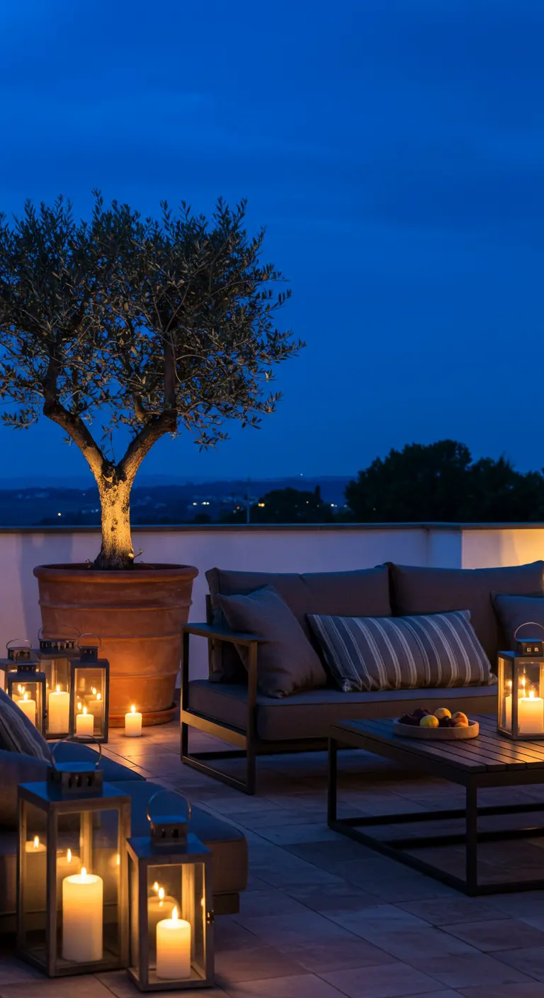 Terrasse de toit la nuit, avec un olivier illuminé et de nombreuses lanternes au sol.