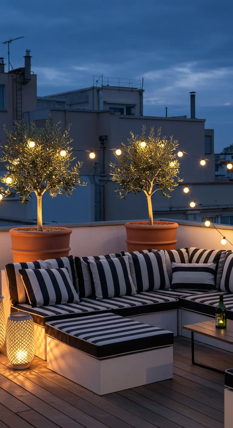 Rooftop avec canapé rayé, oliviers et guirlandes lumineuses.