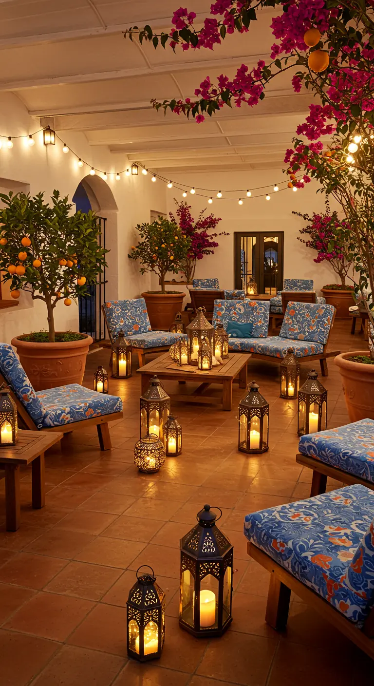 Terrasse méditerranéenne avec de nombreuses lanternes, orangers, bougainvilliers et transats colorés.