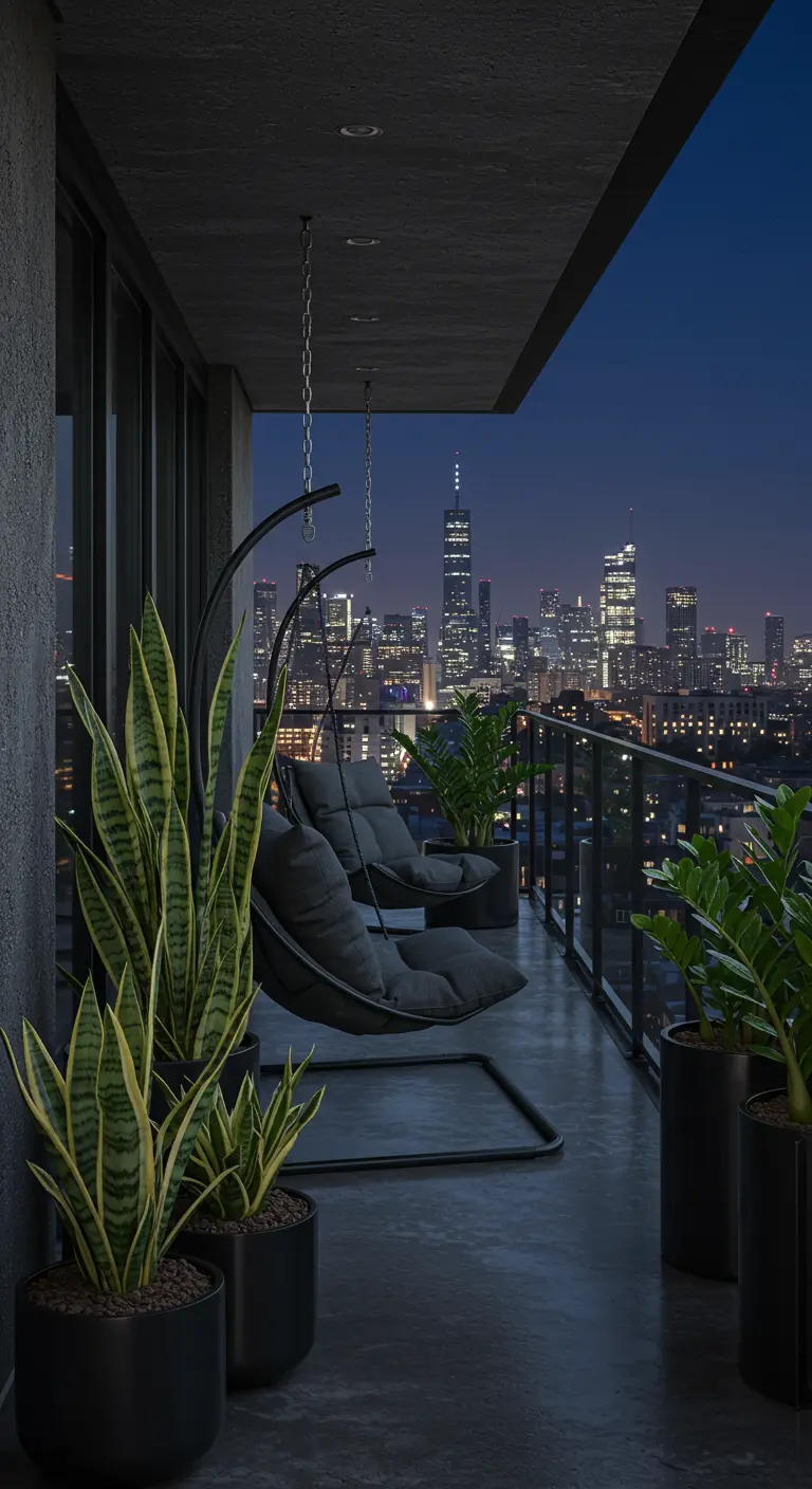 Balcon urbain la nuit avec deux chaises suspendues foncées et des plantes serpent.