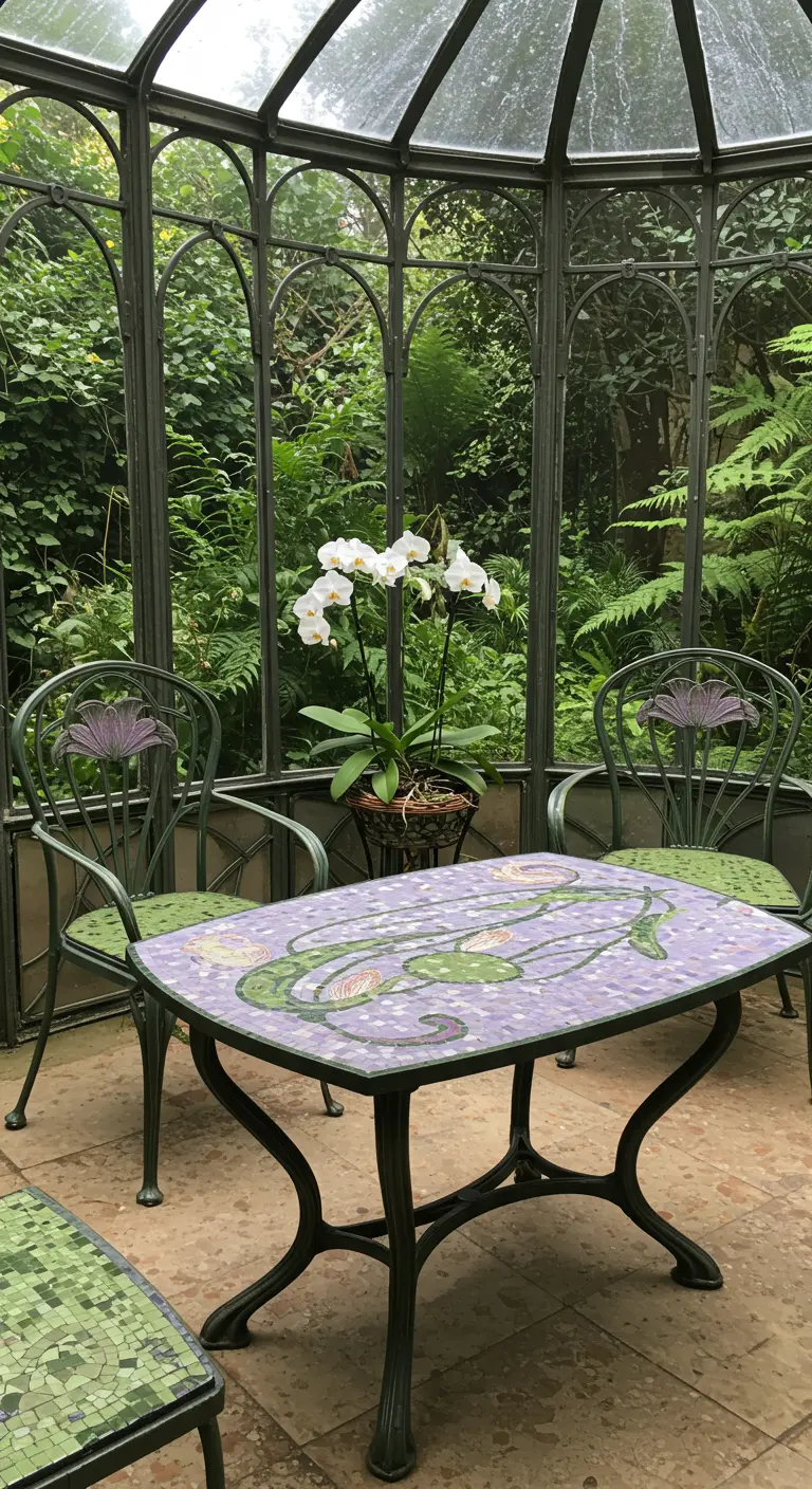Table en mosaïque Art Nouveau avec motif de nénuphars dans une serre.