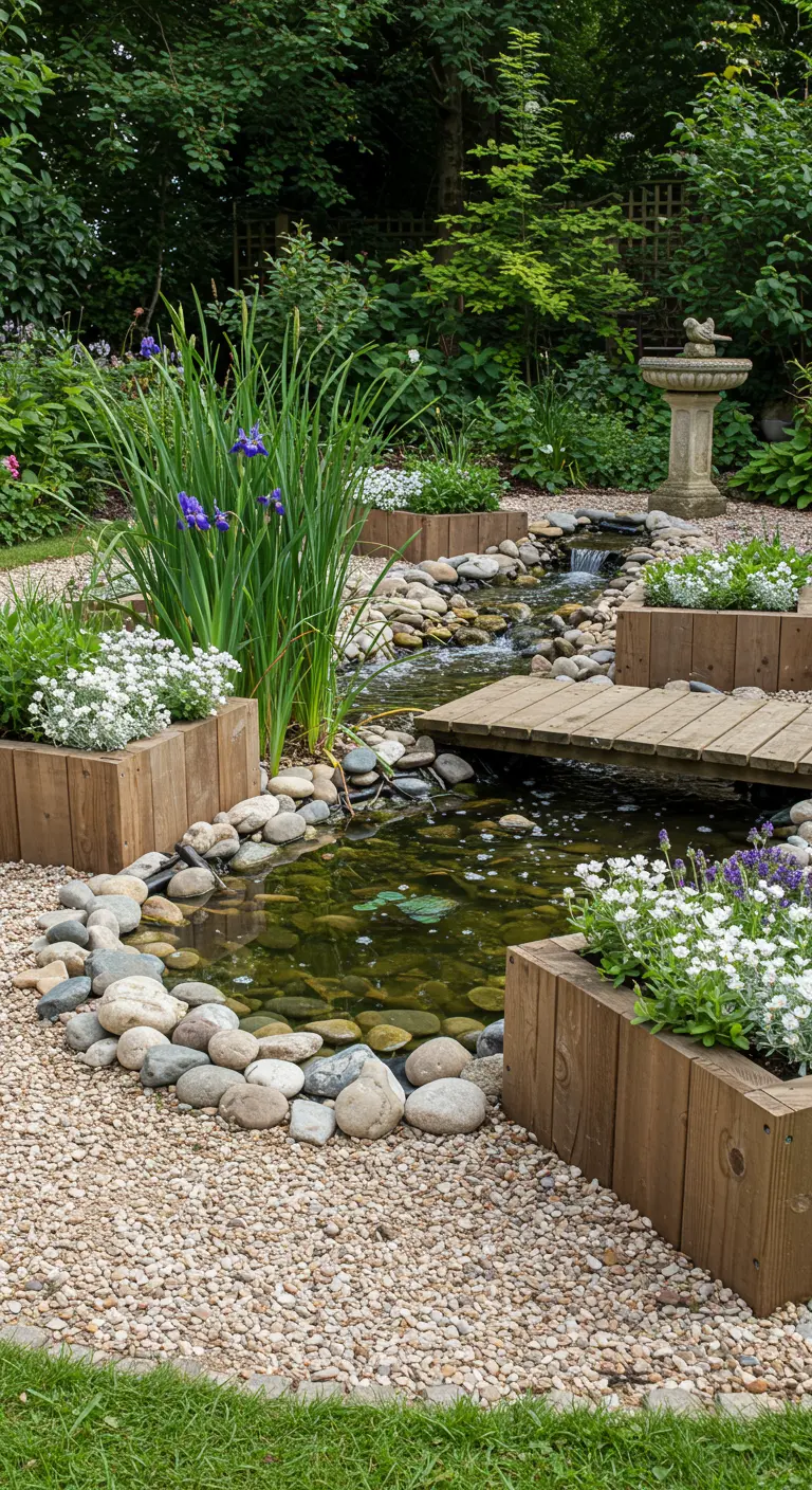 Jardin avec petit cours d'eau et étang, bordé de jardinières en bois avec iris et fleurs blanches.