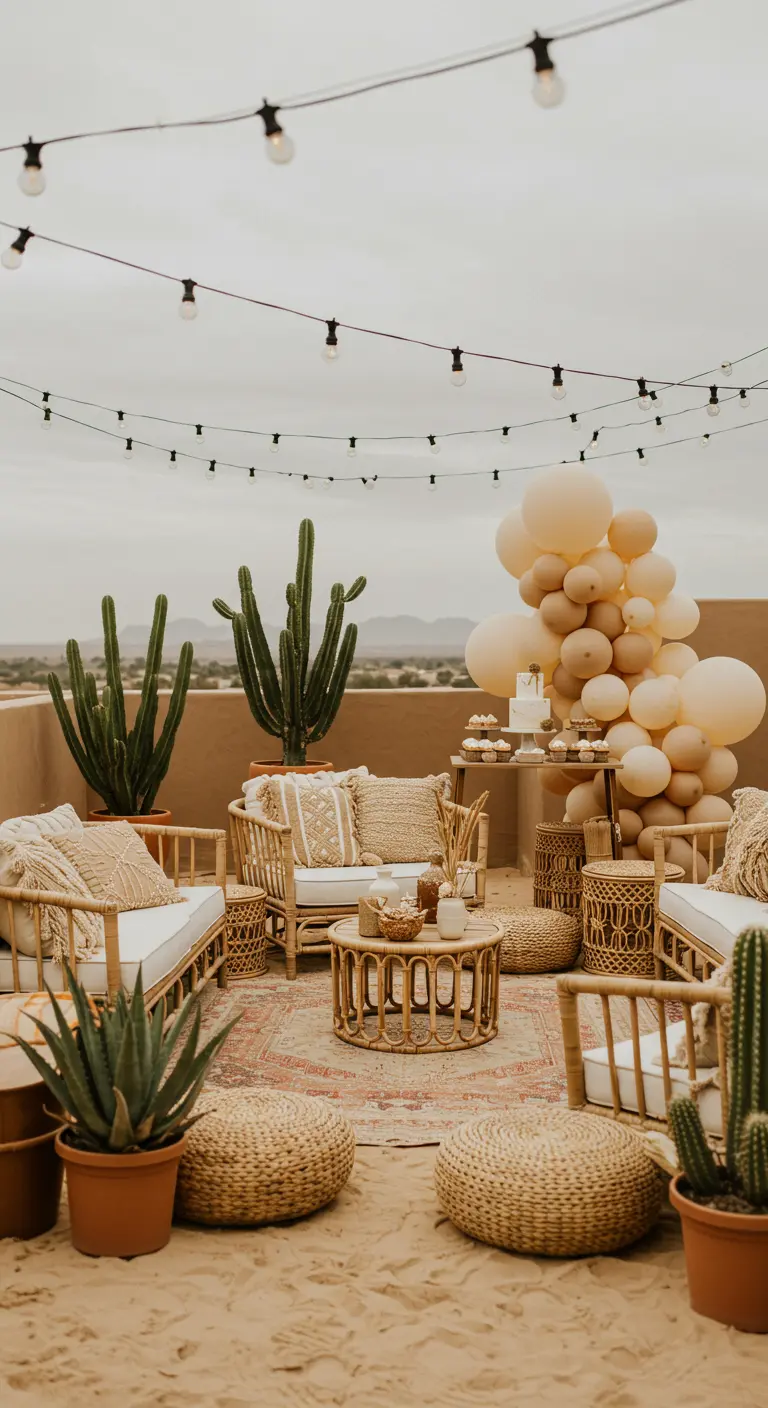 Terrasse au style désert chic avec des cactus, mobilier en rotin et ballons crème.
