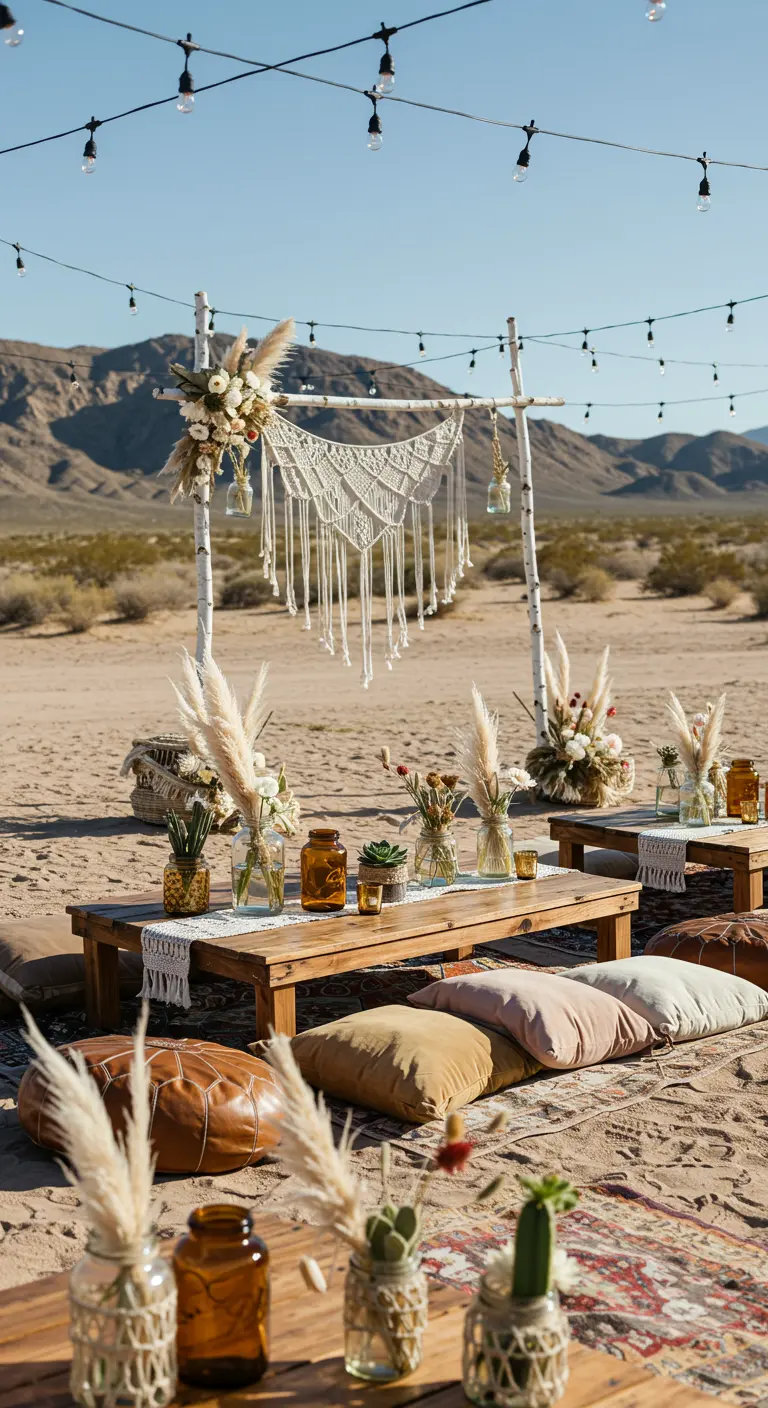 Décor de mariage bohème dans le désert avec tables basses, macramé et fleurs séchées en bocaux.