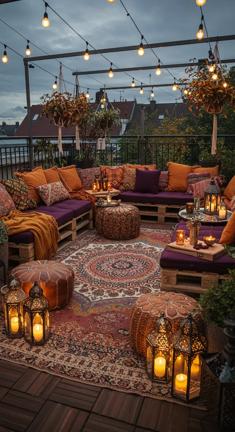 Terrasse bohème avec canapés en palettes, coussins colorés, tapis persan, poufs et lanternes.