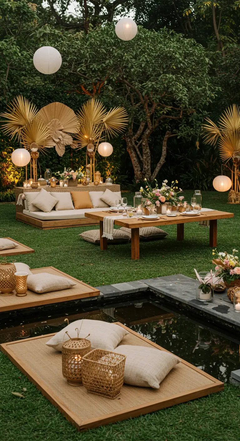 Ambiance lounge dans un jardin verdoyant avec tables basses, coussins au sol, lanternes et un petit bassin.