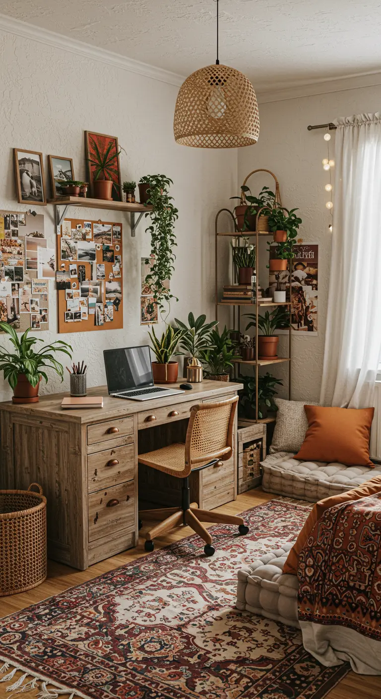 Bureau bohème avec plantes suspendues, mobilier en bois vieilli et tapis ethnique