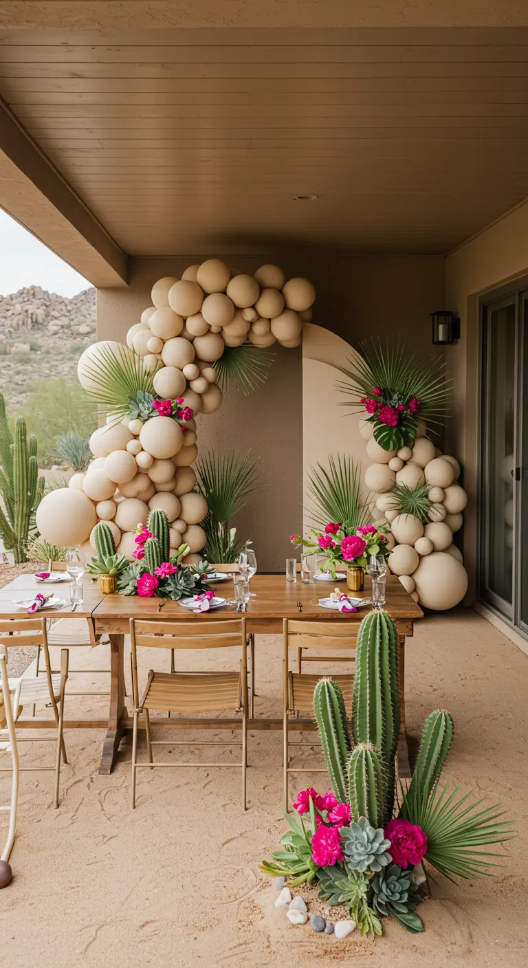 Décor de fête thème désert avec cactus, table en bois et arche de ballons beiges.