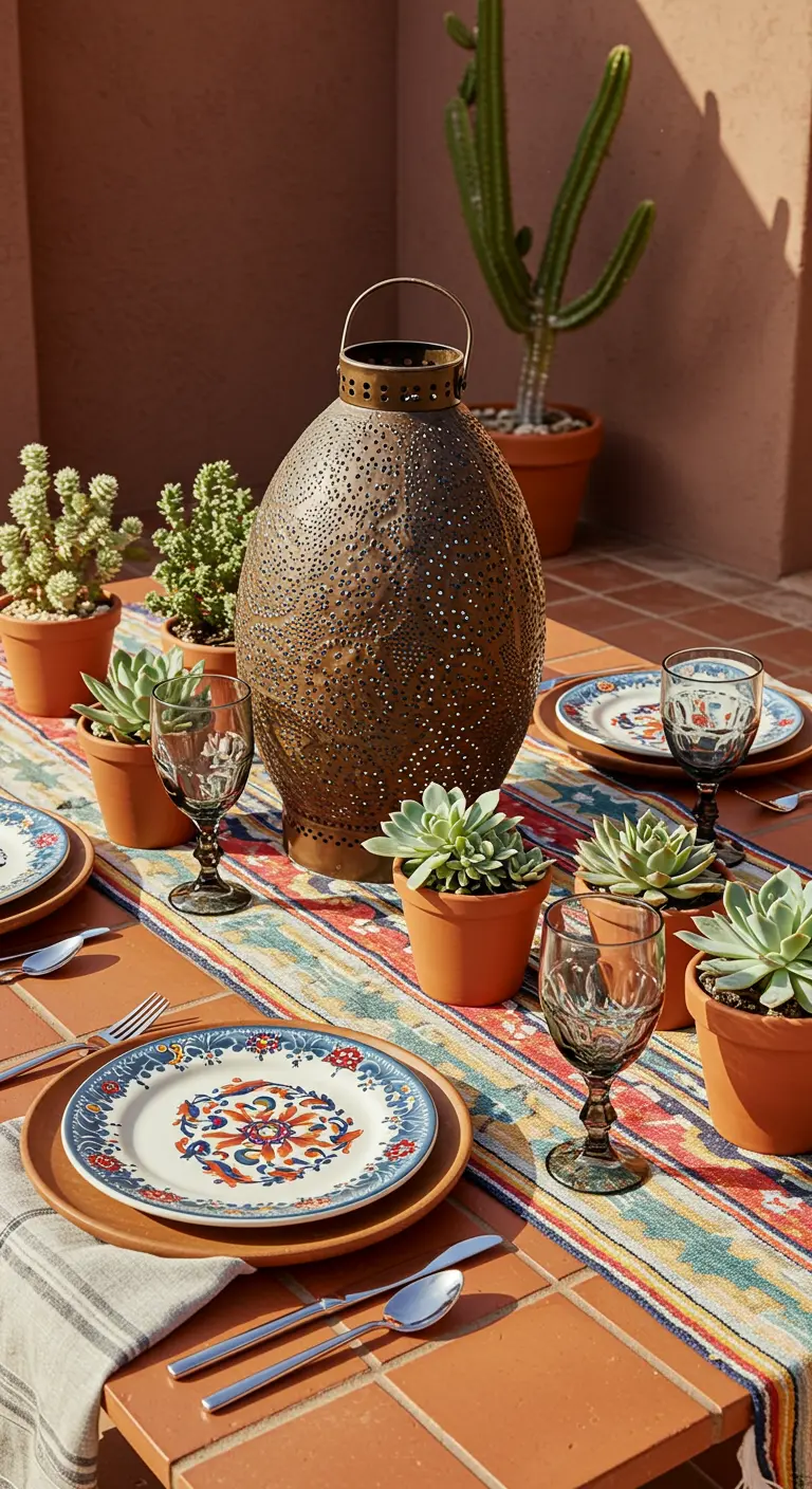 Grande lanterne marocaine en métal entourée de plantes succulentes sur une table extérieure.