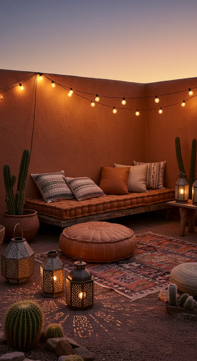 Patio aux murs ocre avec des cactus et des lanternes en métal perforé