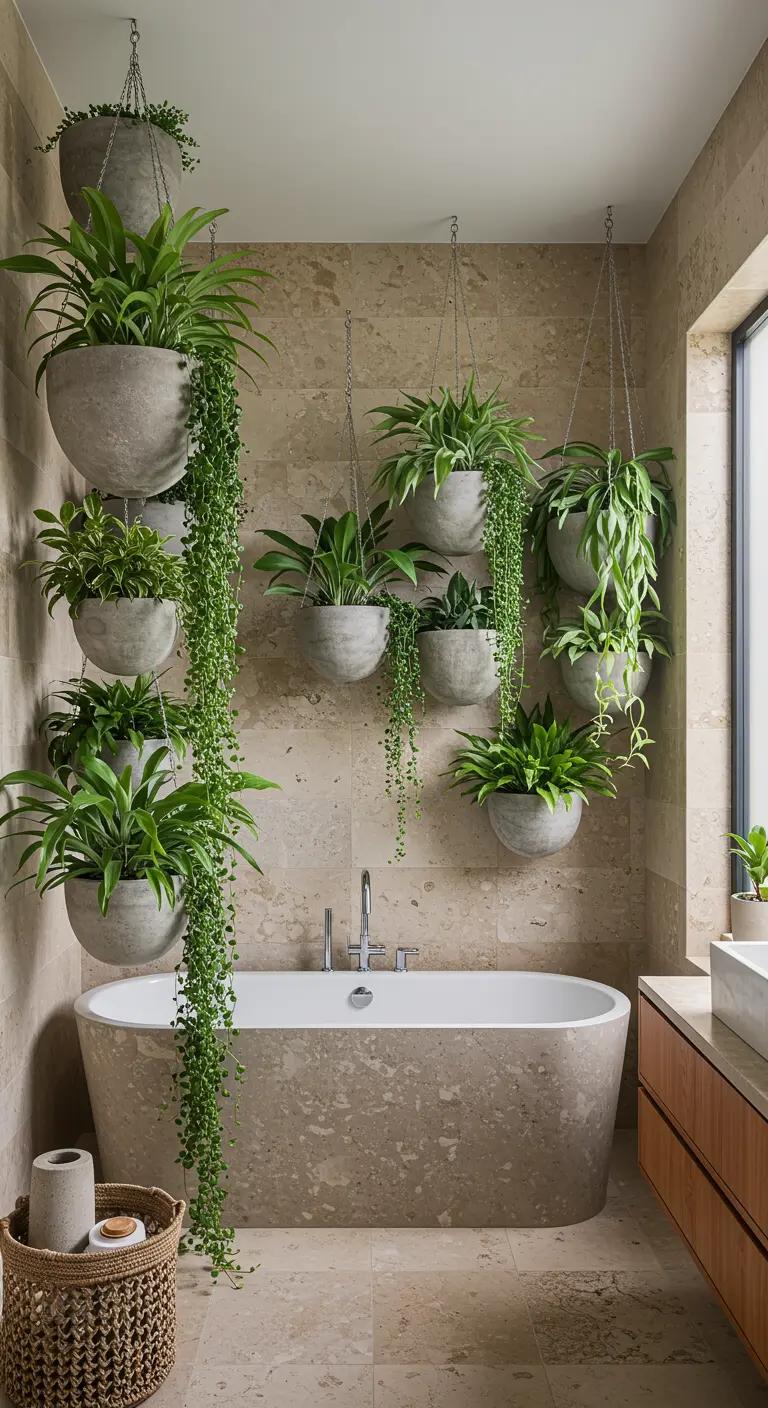 Salle de bain moderne avec baignoire et de nombreux pots suspendus en béton remplis de plantes vertes.
