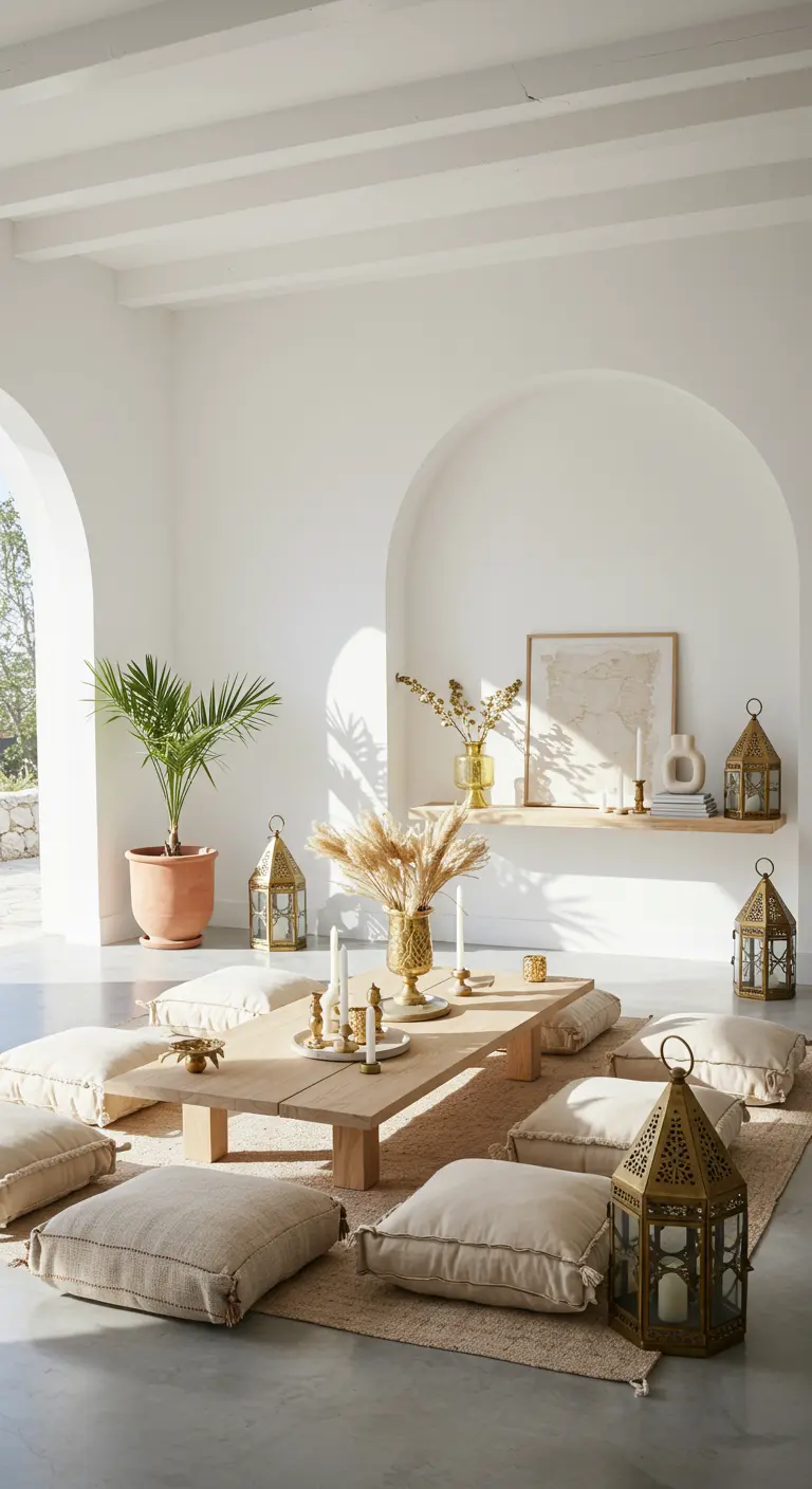 Intérieur blanc minimaliste avec table basse, coussins de sol et lanternes dorées.
