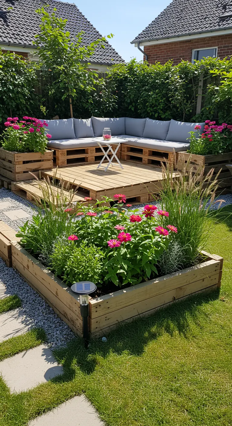 Jardin avec salon en palettes grises, jardinières en bois remplies de zinnias roses et graminées.