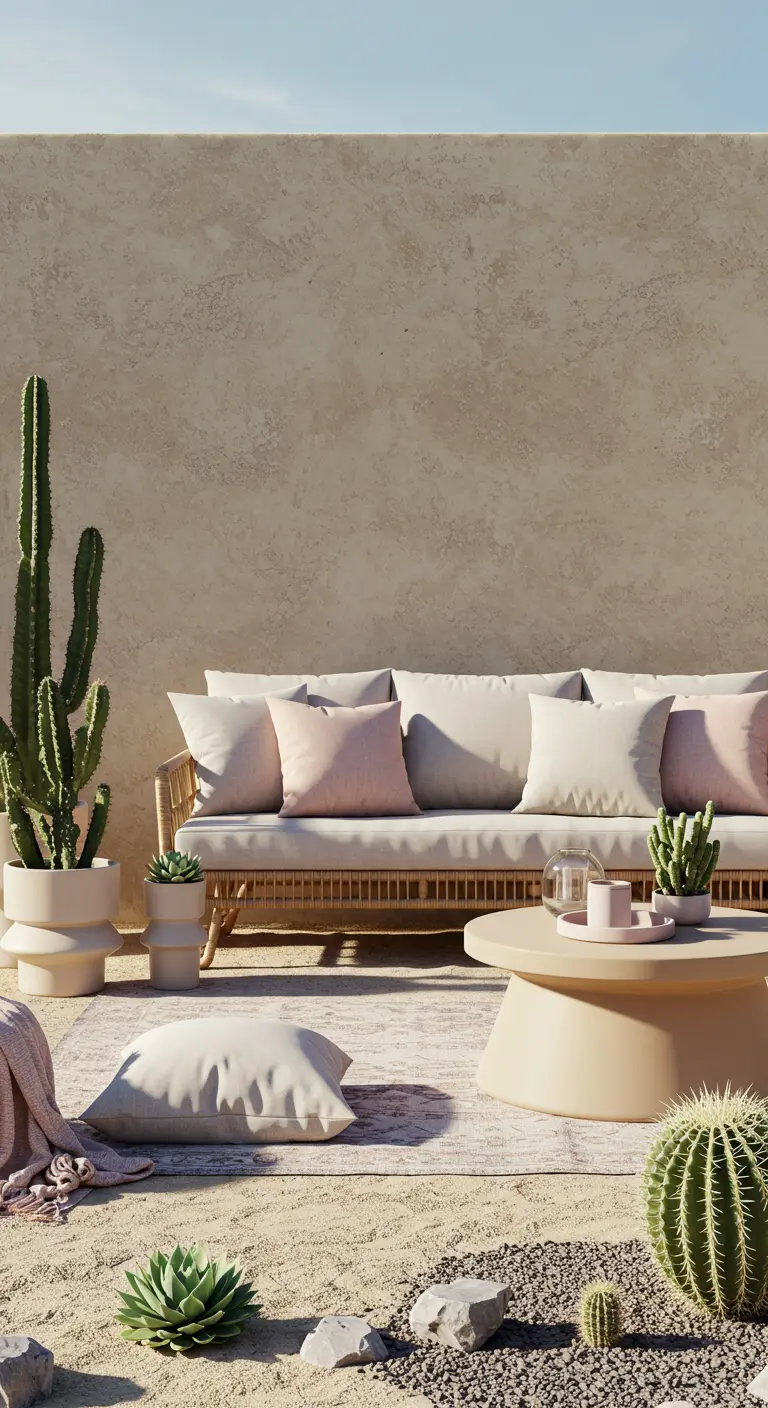 Canapé en rotin clair avec des coussins rose poudré, dans un décor de sable et de cactus.