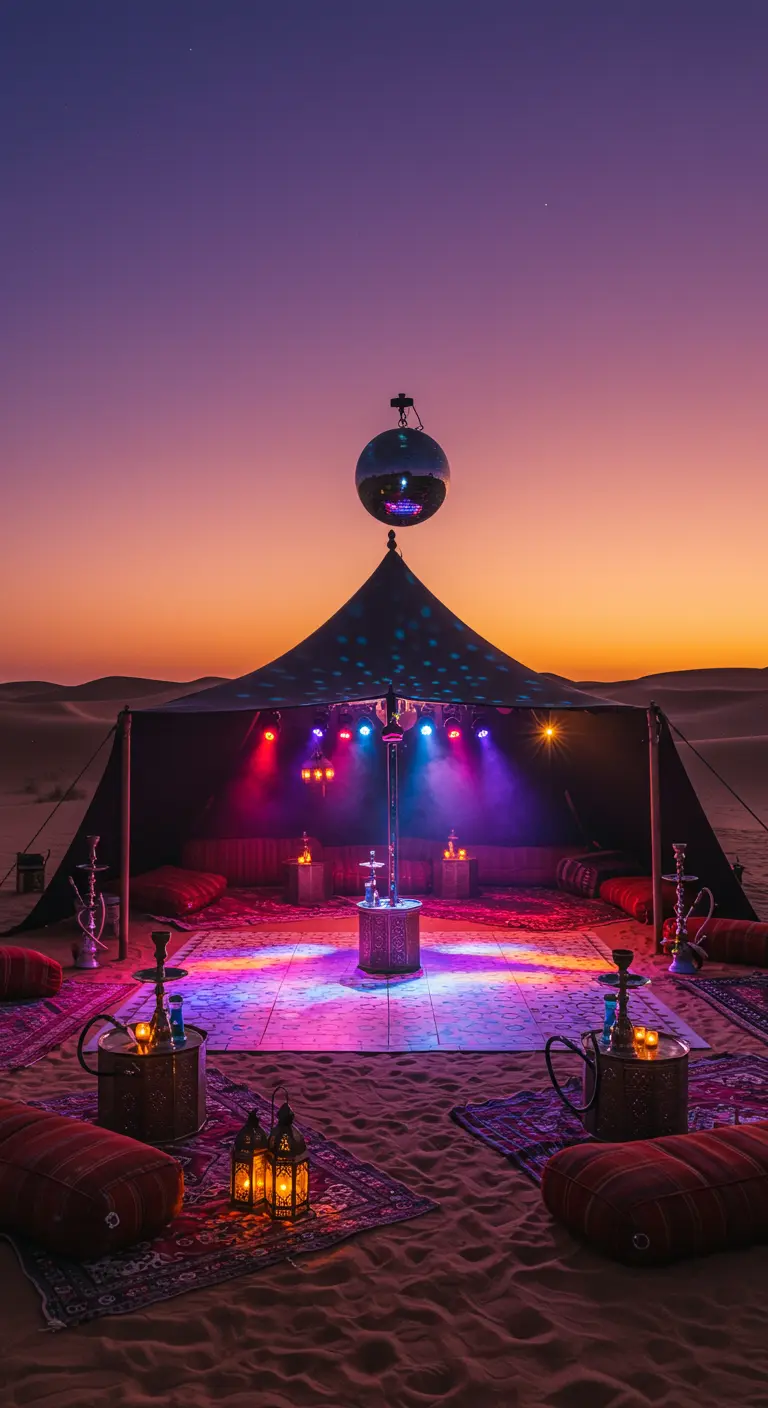 Une tente dans le désert au crépuscule, aménagée en club disco avec des lumières.