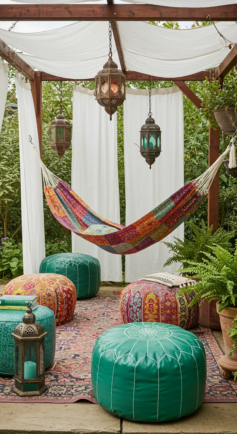 Hamac coloré sous une pergola avec des lanternes et des poufs marocains.