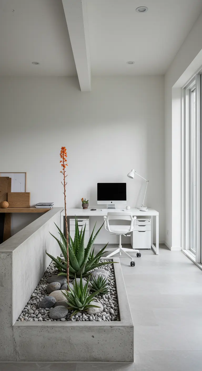 Grande jardinière en béton avec Aloe Veras et galets, intégrée dans un bureau minimaliste blanc.