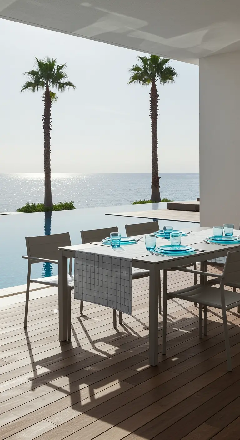 Table moderne grise au bord d'une piscine à débordement, vaisselle blanche et verres aqua.
