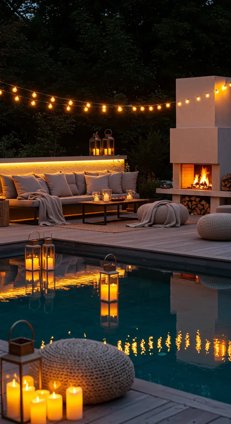 Salon extérieur au bord d'une piscine avec cheminée, guirlandes lumineuses et lanternes.