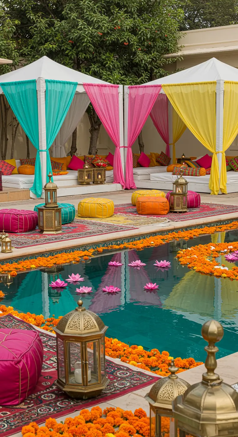 Bord de piscine avec des tentes aux voilages colorés et des fleurs dans l'eau.