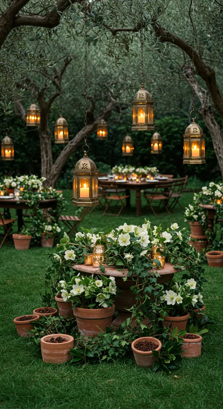 Jardin avec oliviers, lanternes suspendues et composition de plantes en pot.