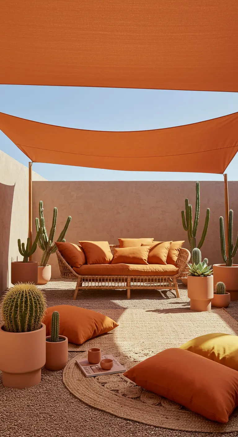 Patio avec canapé en rotin et coussins couleur terre cuite