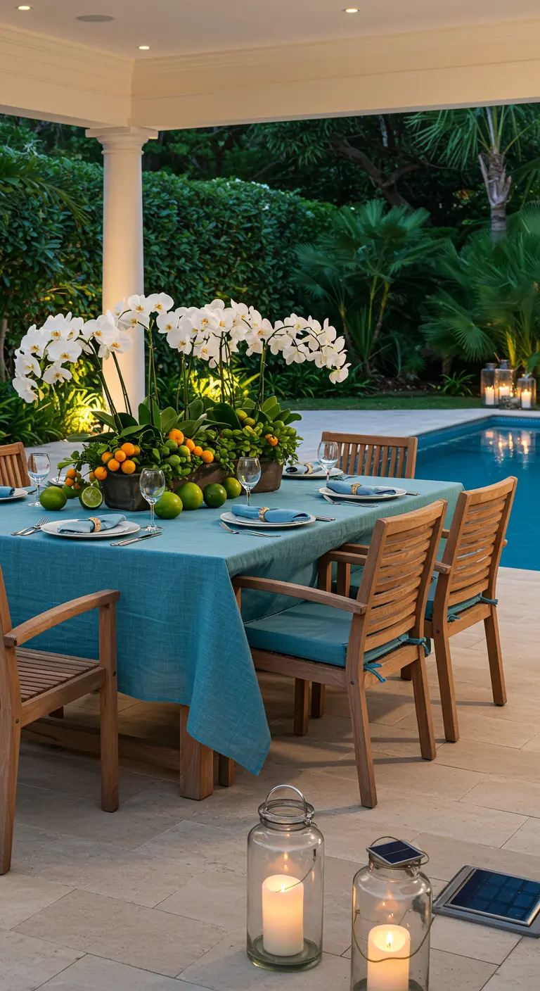 Table bleue près d'une piscine avec orchidées, agrumes et grandes lanternes solaires au sol.