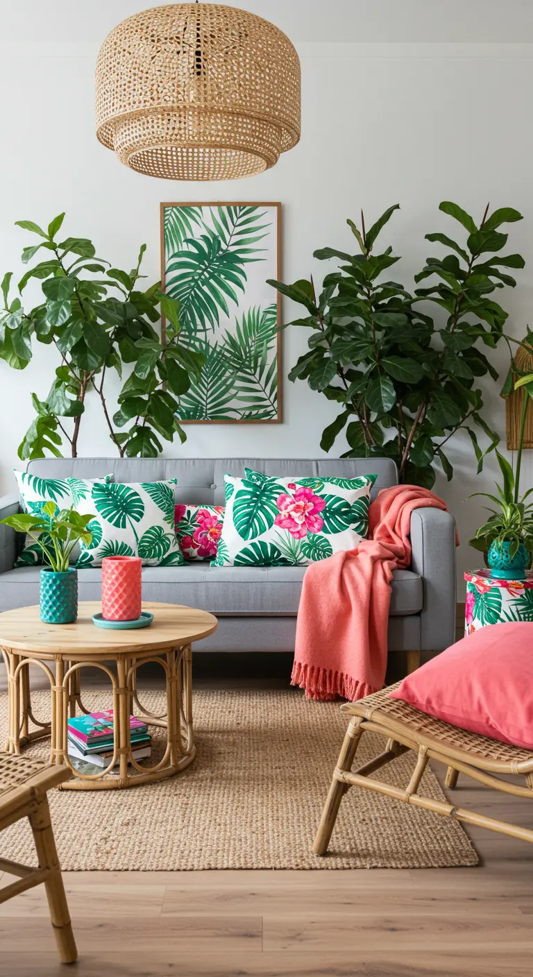 Canapé gris entouré de plantes, avec des coussins à motifs de feuilles tropicales et un plaid corail.