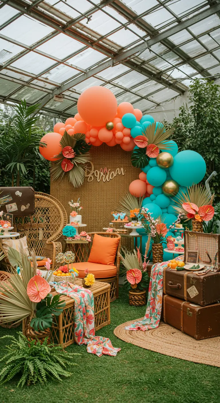 Serre tropicale décorée avec des ballons corail et turquoise, mobilier en rotin et plantes exotiques.
