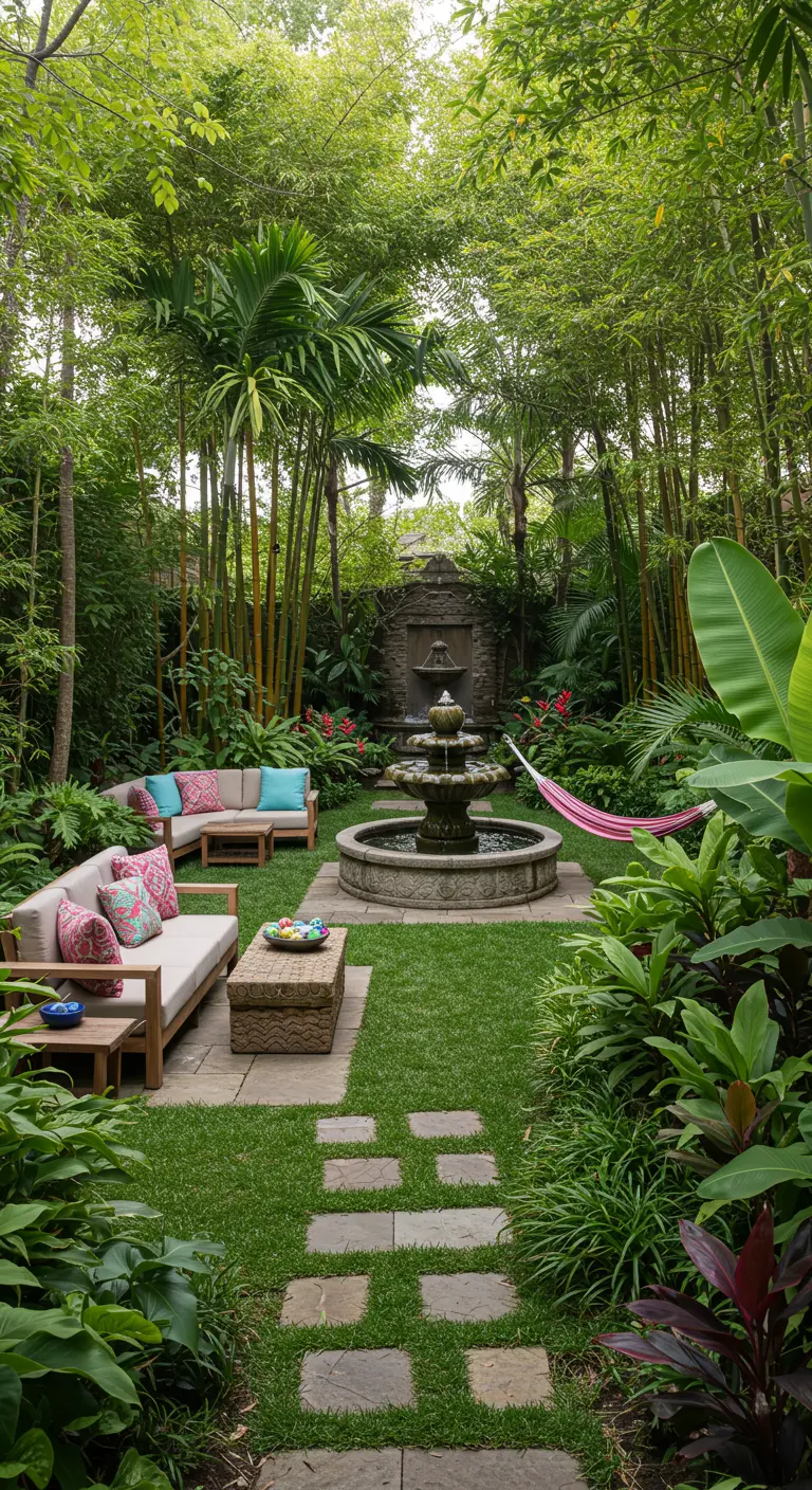 Jardin tropical luxuriant avec fontaine, canapés en bois, coussins colorés et hamac rose.