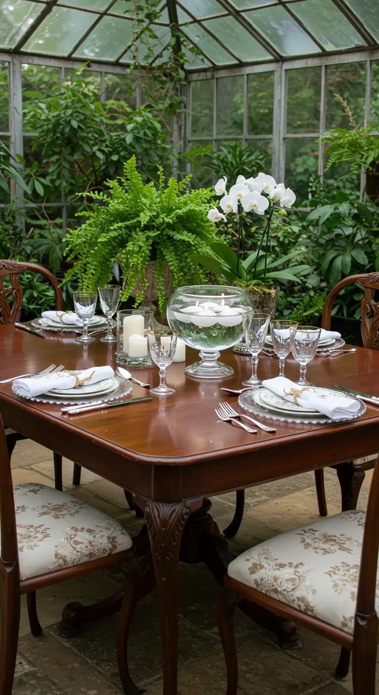 Table en bois dans serre, fougère, orchidée, grand bol avec bougies flottantes.