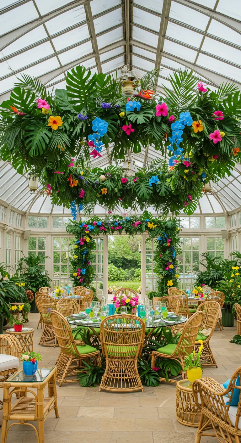 Grande serre décorée de guirlandes florales et végétales tropicales suspendues au plafond et arche.