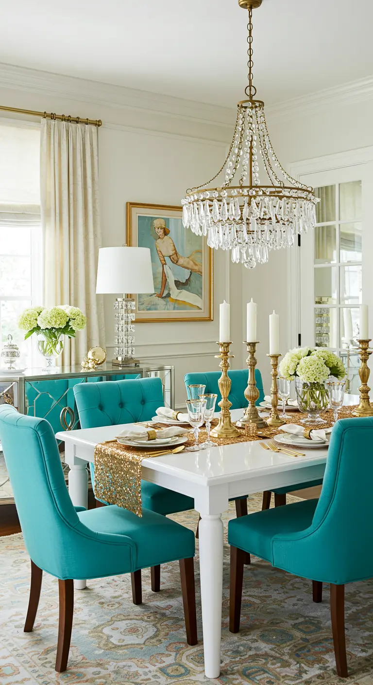 Salle à manger lumineuse avec des chaises en velours turquoise, une table blanche et des accents dorés.