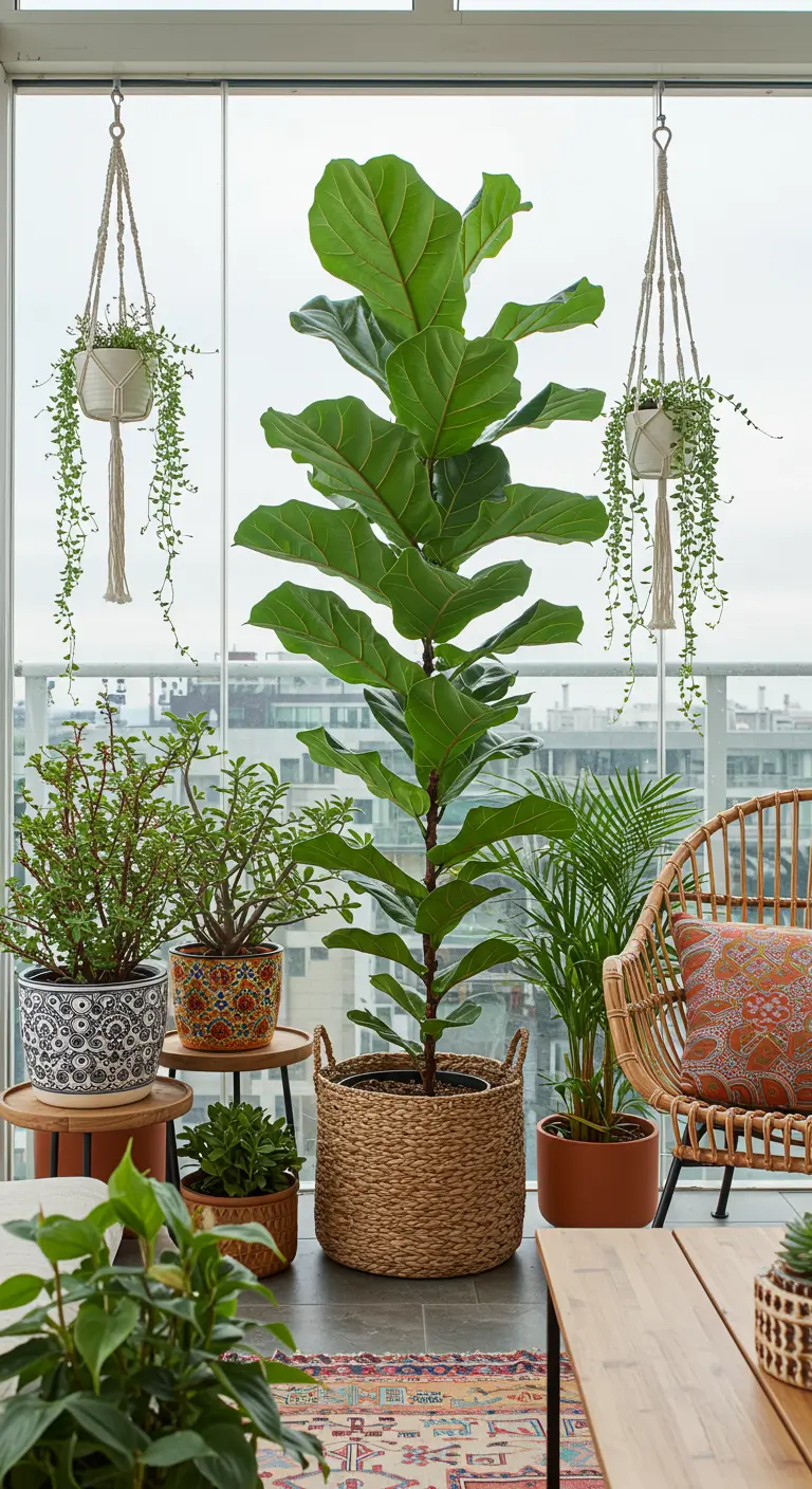 Balcon avec Ficus lyrata en panier, plantes suspendues en macramé, fauteuil en rotin.