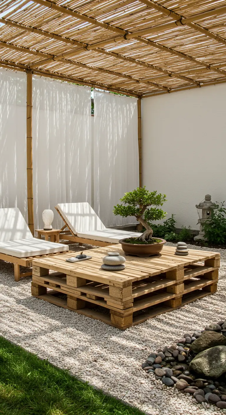 Espace zen avec table basse en palettes bois clair, bonsaï, galets et rideaux.