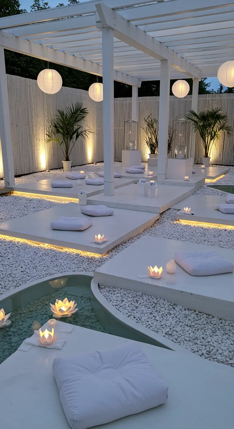 Jardin zen blanc avec dalles, galets, coussins au sol, lampions et lumières LED encastrées.