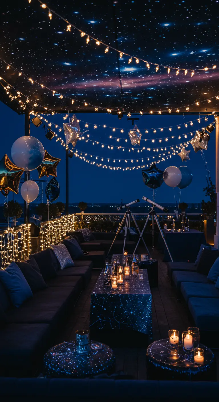 Terrasse sombre avec thème nuit étoilée, lumières guirlandes et télescope.