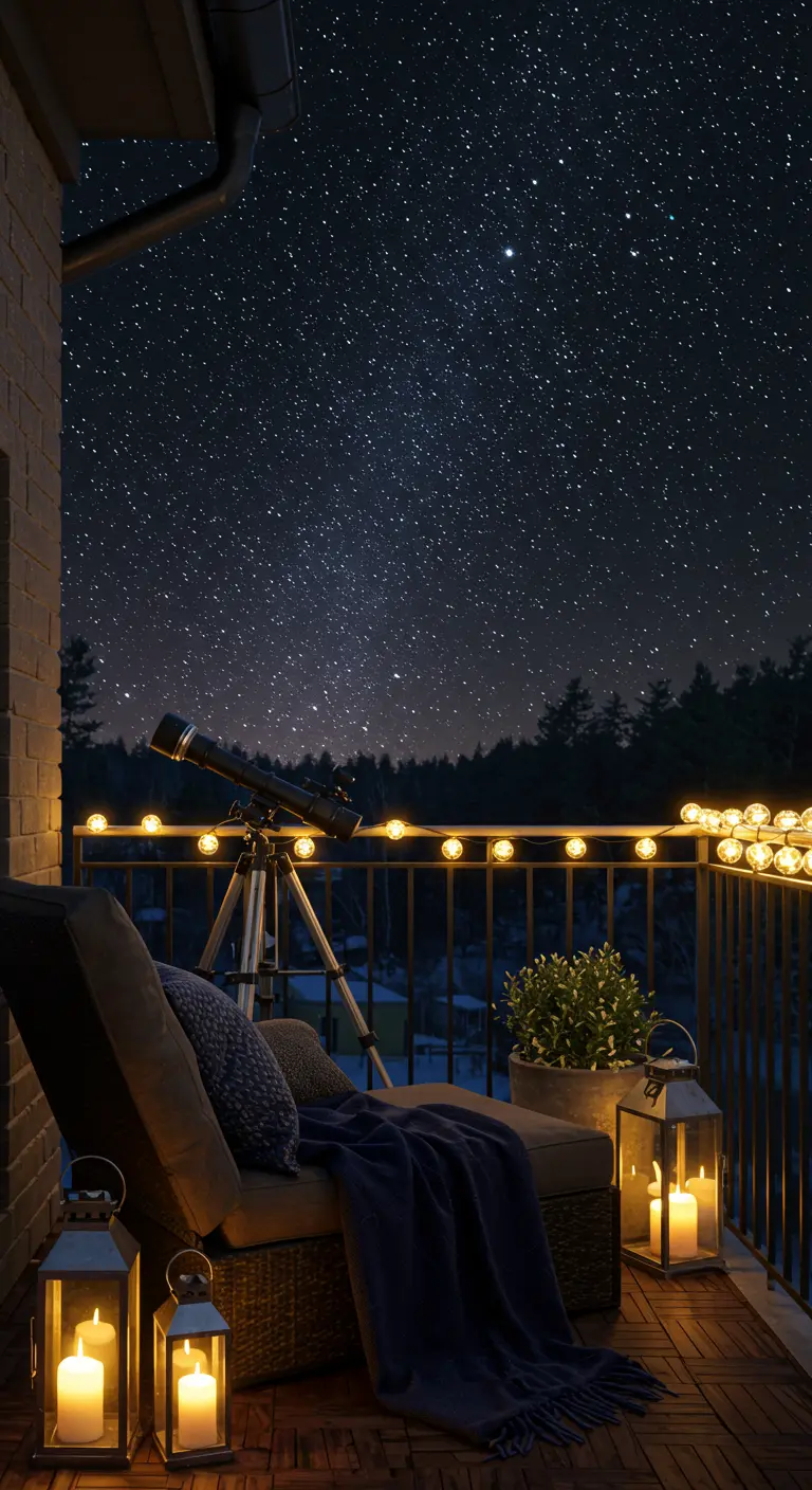 Balcon avec télescope, chaise longue, plaid et lanternes pour observer les étoiles. 