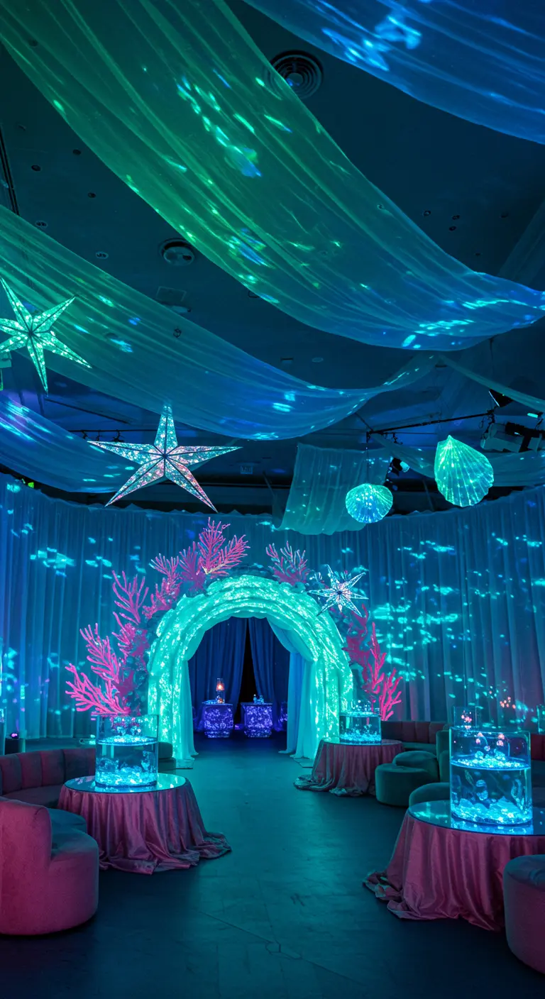 Salle de réception décorée sur le thème sous-marin avec des lumières bleues, des étoiles et des coraux néon.