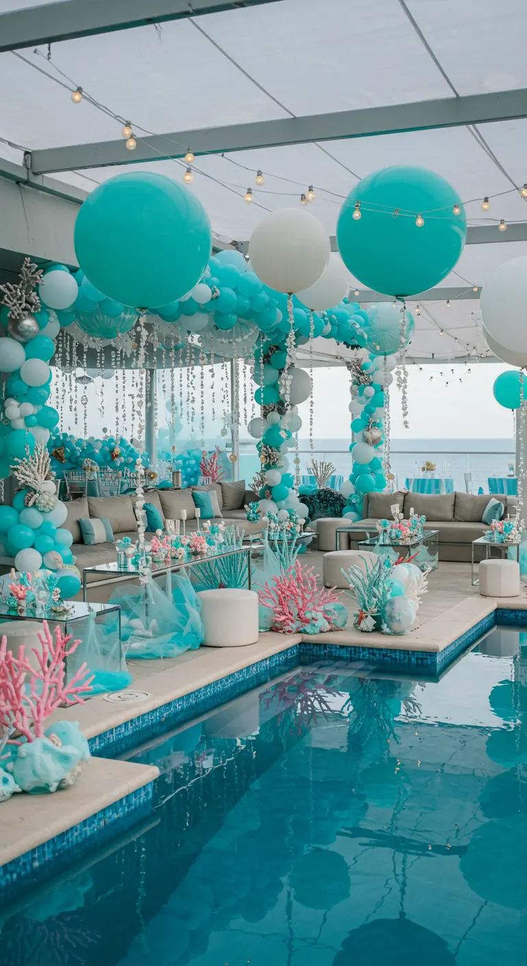 Piscine décorée thème sous-marin turquoise et corail, avec ballons géants.