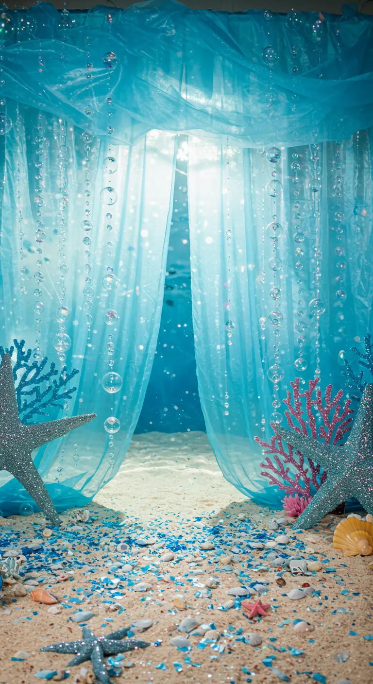 Photobooth sous-marin avec voiles bleues, guirlandes de bulles, étoiles de mer pailletées et sable.