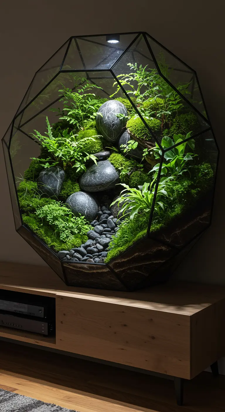Grand terrarium octogonal avec une forêt de fougères, mousse et grandes pierres sombres, éclairé de l'intérieur.