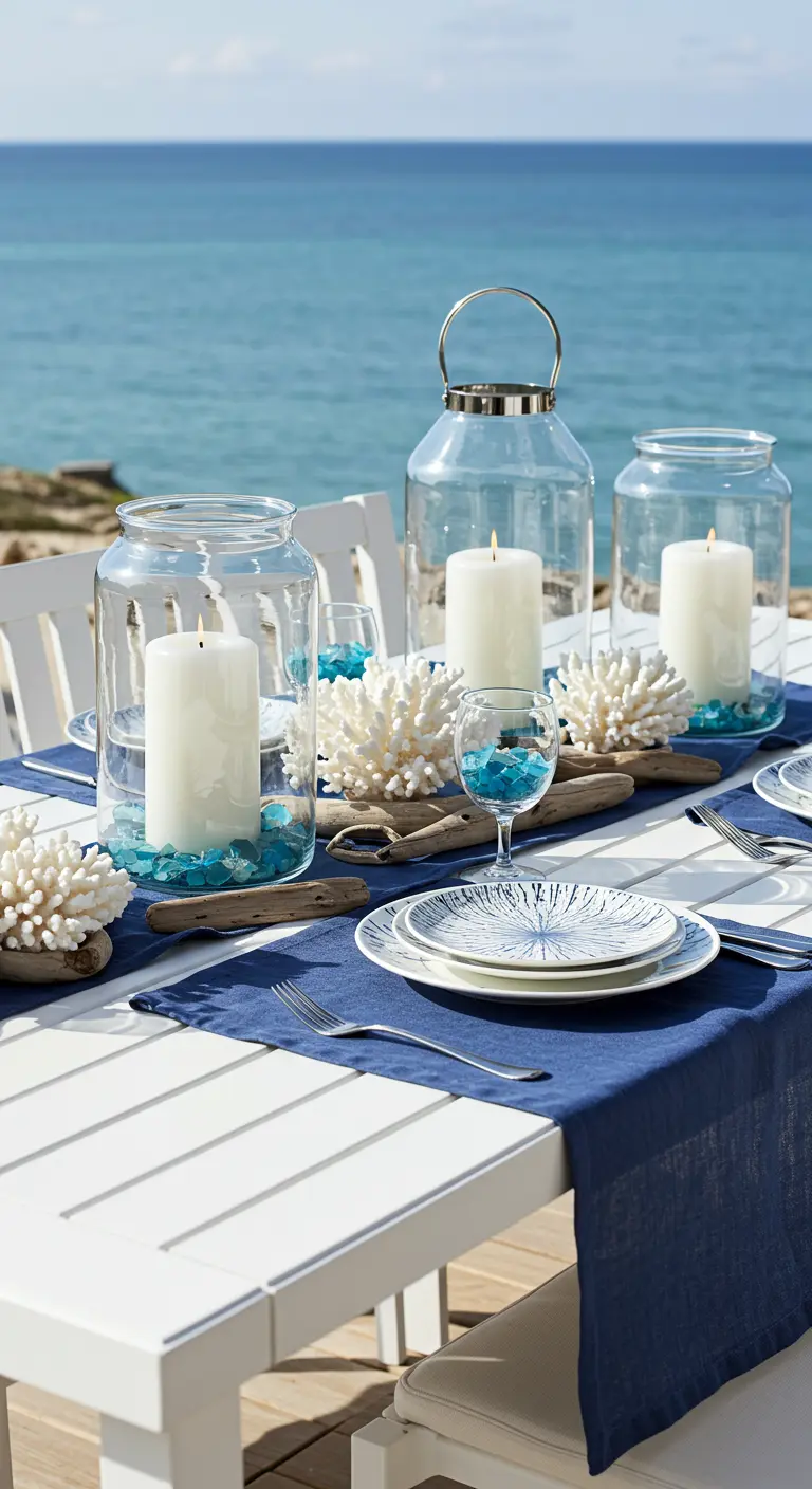 Table marine avec chemin bleu, coraux blancs, bois flotté et lanternes en verre sur une terrasse face à la mer.