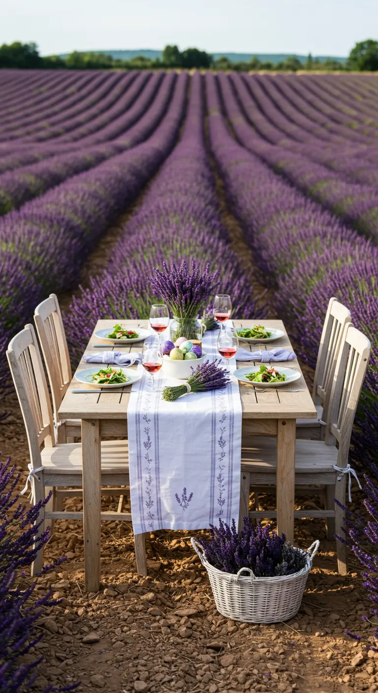Chemin de table blanc brodé de lavande sur table en bois au milieu d'un champ de lavande.