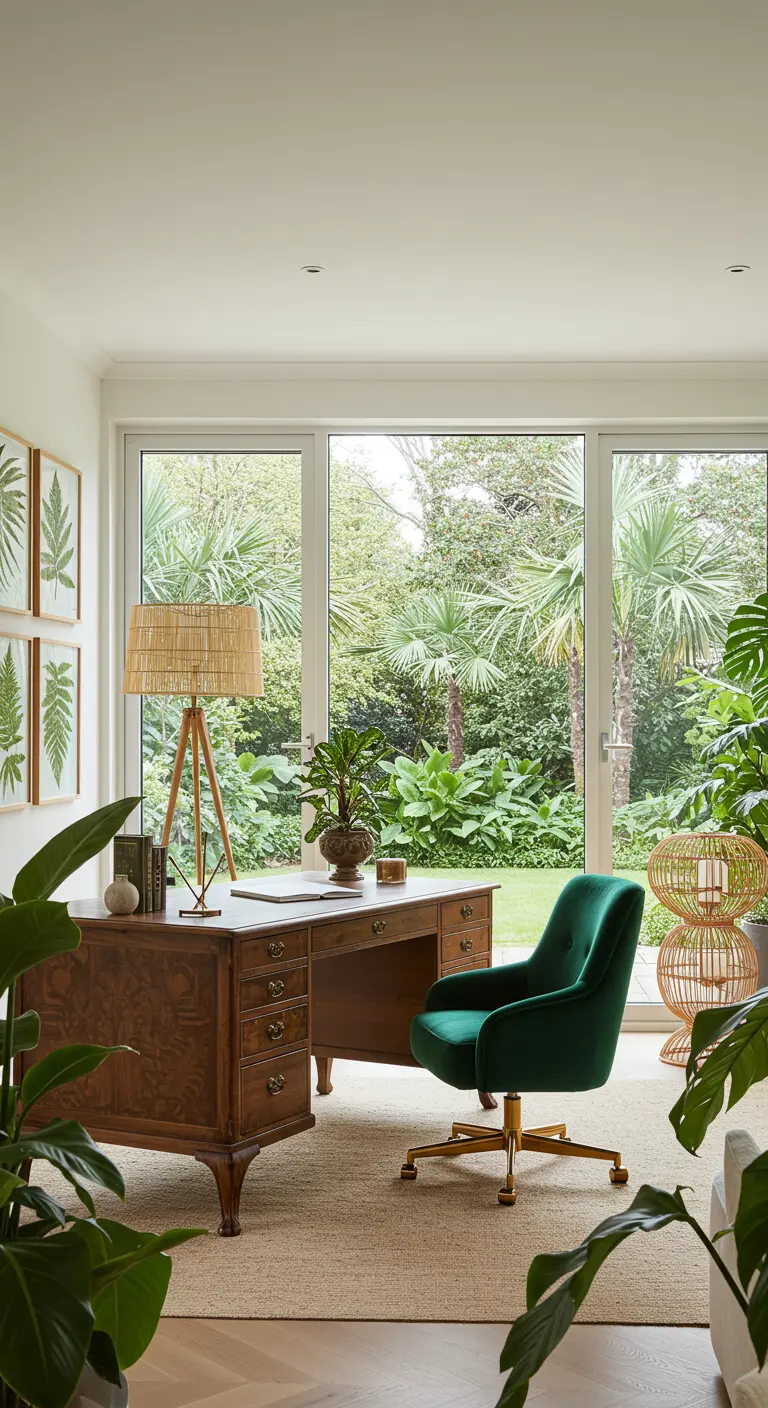 Bureau en bois ancien face à un jardin tropical luxuriant, chaise en velours vert et plantes d'intérieur.