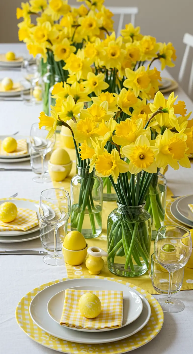 Table de Pâques lumineuse et joyeuse, entièrement décorée en jaune avec des jonquilles.