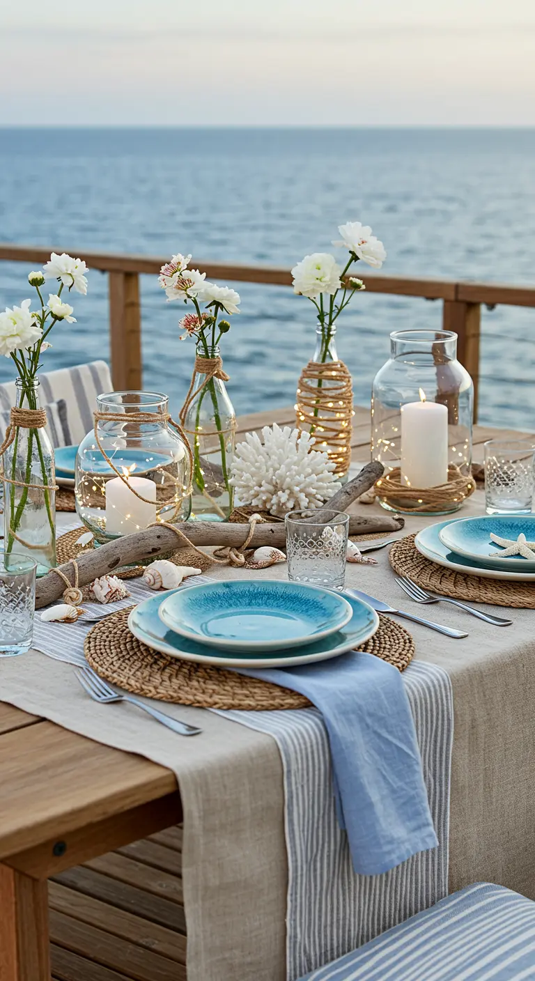 Table de terrasse au bord de l'eau avec chemin de table rayé, coquillages, bois flotté et bougies dans des photophores.