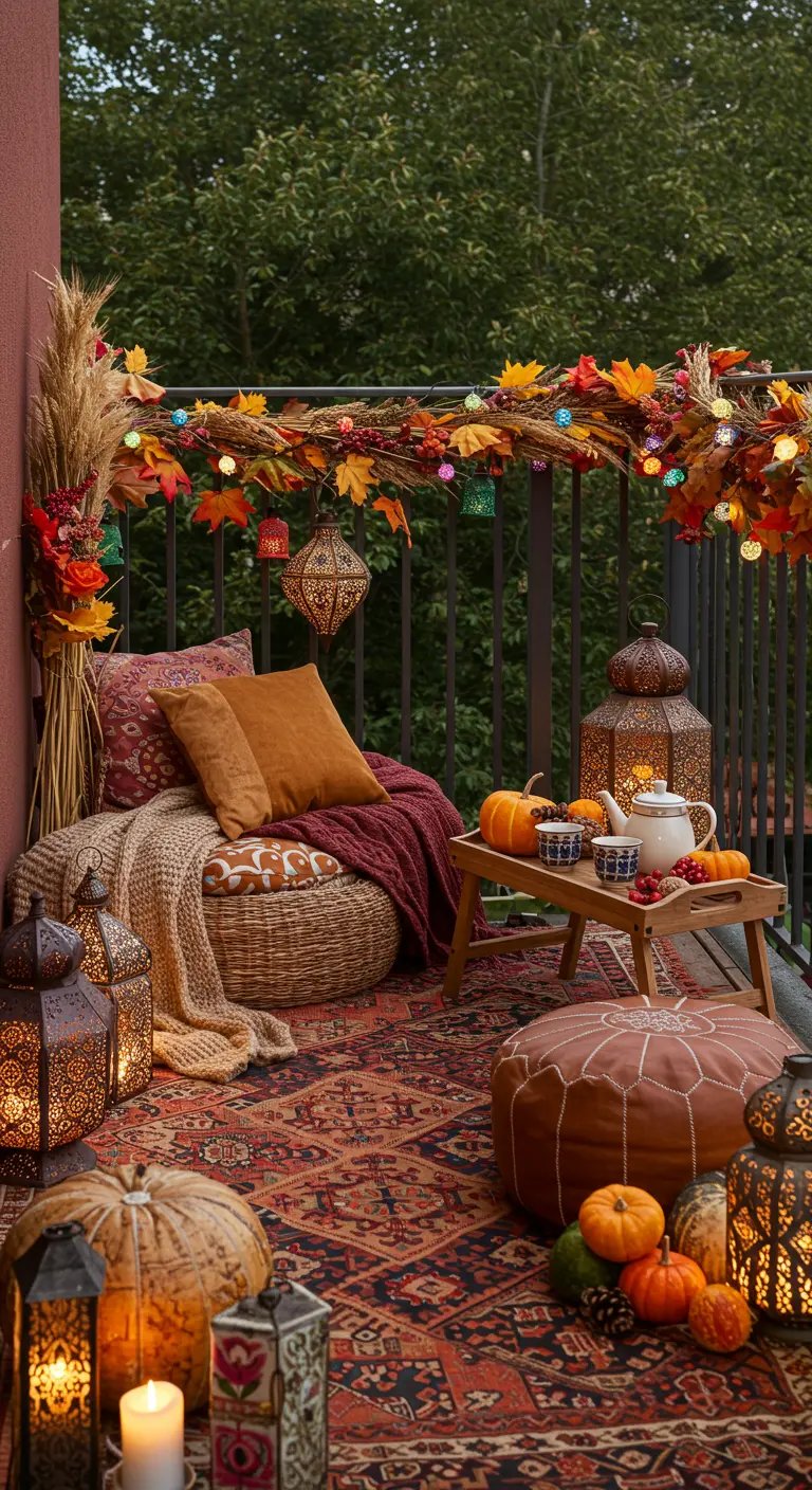 Balcon bohème avec tapis, coussins de sol, poufs, lanternes orientales, guirlande de feuilles et citrouilles.