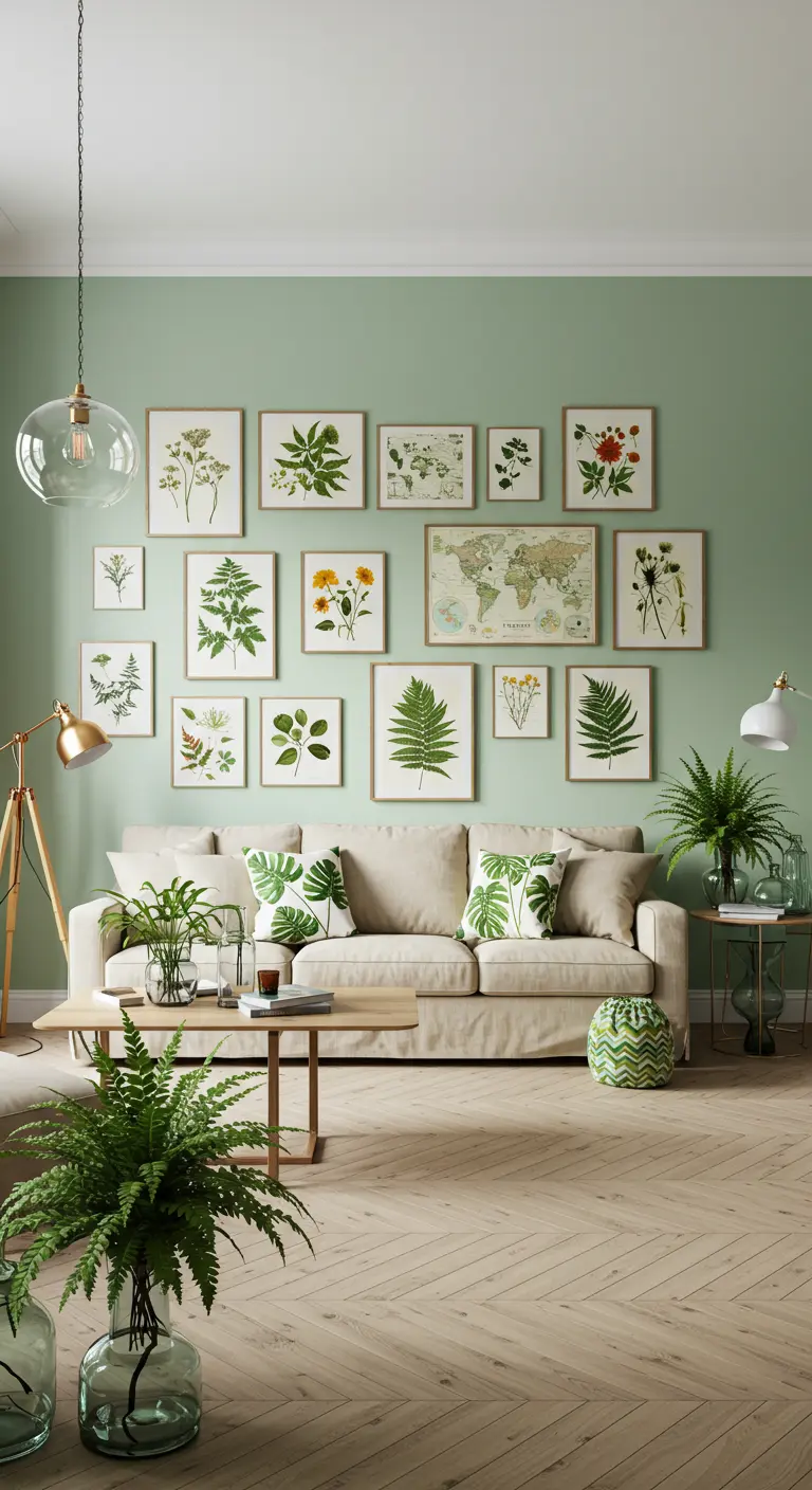 Salon vert doux avec un mur de cadres d'illustrations botaniques de fougères et cartes florales.