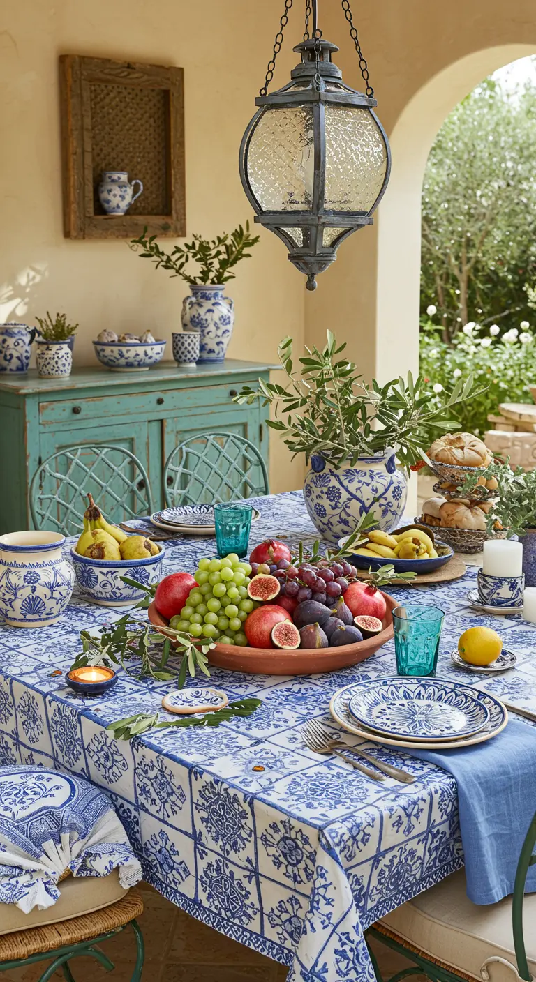 Table d'extérieur avec nappe à motifs bleus et blancs, poterie peinte et grand plat de fruits.